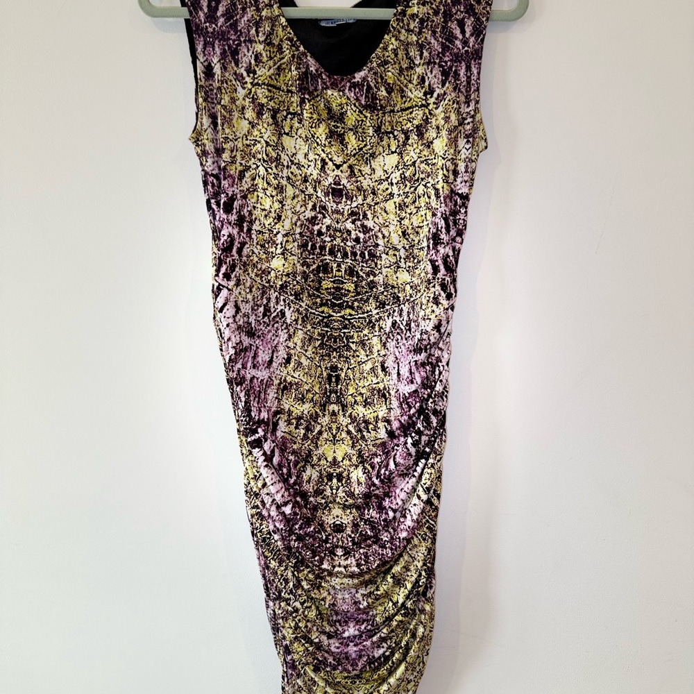Jennifer Lopez Gold and Purple Bodycon Midi Dress